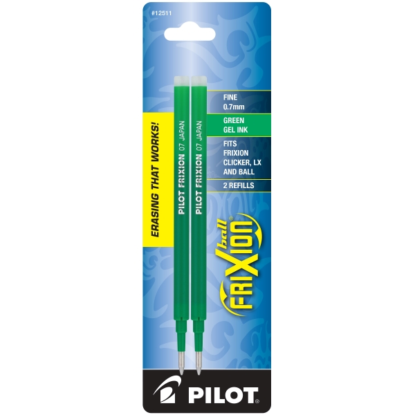 Repuesto para bolígrafos Frixion Ball, Clicker Y LX tinta gel termosensitiva color verde, punto fino (0.7 mm.), blíster con 2 piezas