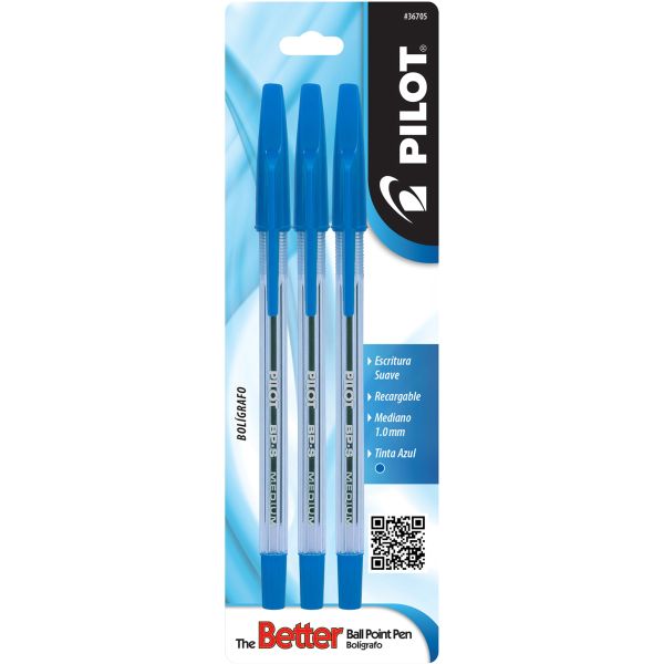 Bolígrafo Better Ball Point, tinta base aceite color azul, punto mediano (1.0 mm.), blíster con 3 piezas