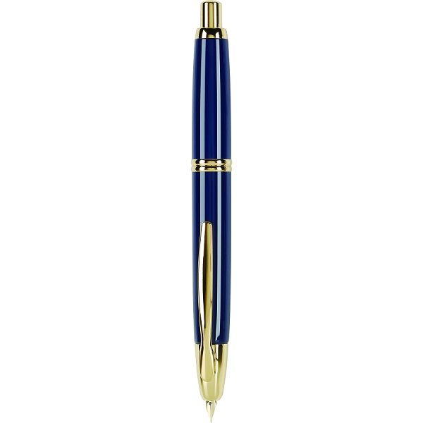 Pluma fuente retráctil Vanishing Point, sin tapa, con un diseño exclusivo, patentado y fabricado con los mas finos materiales; tinta líquida color azul, cuerpo color azul, acentos color dorado, punto fino, estuche con 1 pluma, convertidor y cartucho