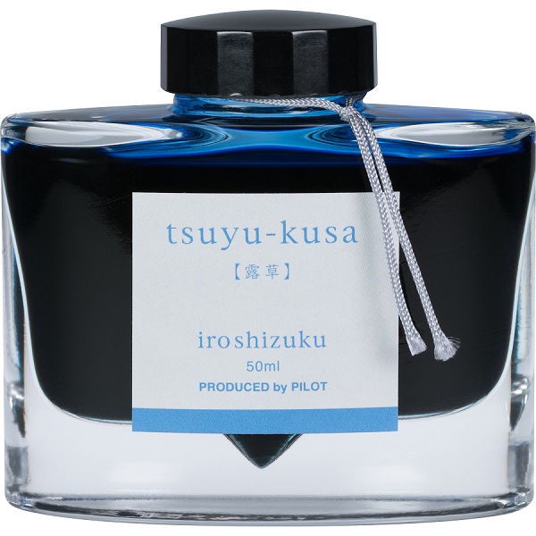 Tinta para pluma fuente Iroshizuku Tsuyu-kusa, tinta líquida color azul, frasco con 50 ml.