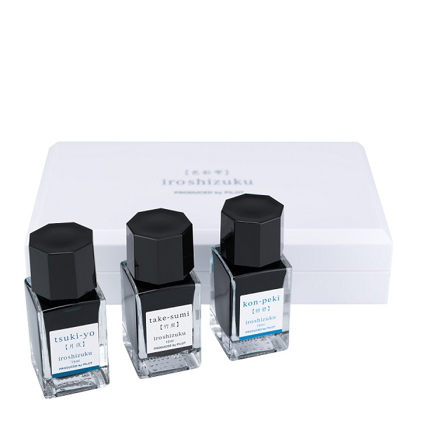 Tinta para pluma fuente Iroshizuku Mini, colores verde azulado, negro y azul turquesa, estuche con 3 frascos con 15 ml. c/u.