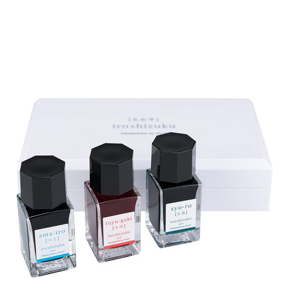 Tinta para pluma fuente Iroshizuku Mini, azul claro, rojo anaranjado y verde oscuro, estuche con 3 frascos con 15 ml. c/u.