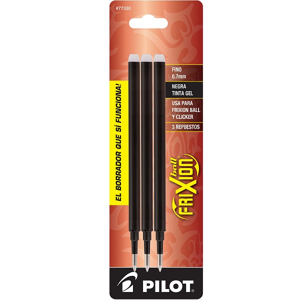 Repuesto para bolígrafos Frixion Ball y Clicker (FX7R), tinta gel termosensitiva color negro, punto fino (0.7 mm.), blíster con 3 piezas