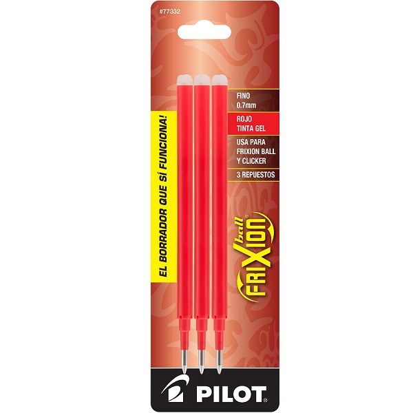 Repuesto para bolígrafos Frixion Ball y Clicker (FX7R), tinta gel termosensitiva color rojo, punto fino (0.7 mm.), blíster con 3 piezas