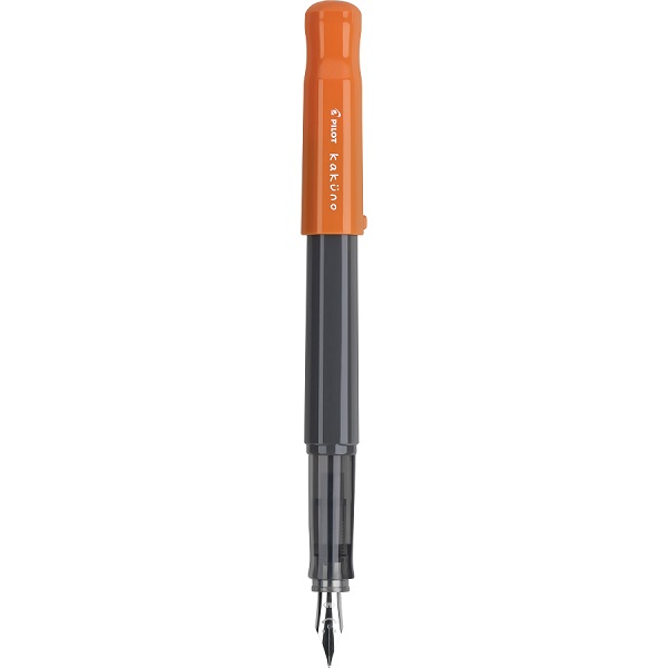 Pluma fuente Kakuno, tinta líquida color negro, cuerpo gris y tapa naranja, punto mediano, set con 1 pluma y 1 cartucho