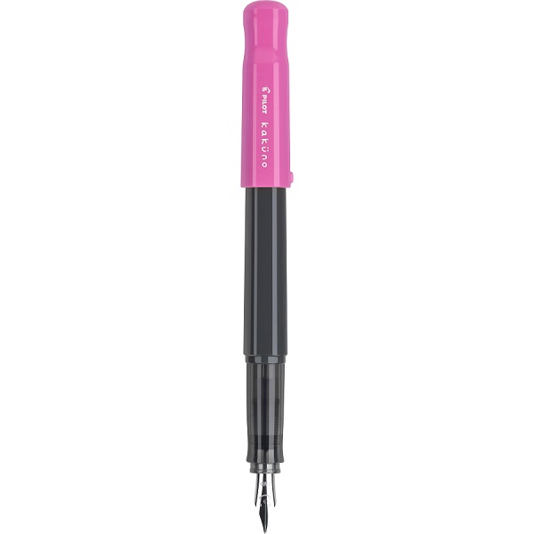 Pluma fuente Kakuno, tinta líquida color negro, cuerpo gris y tapa rosa, punto mediano, set con 1 pluma y 1 cartucho